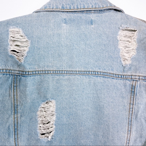 FOREVER 21 Retro Distressed Blue Denim Faux Pearls Jean Jacket S - Picture 8 of 10